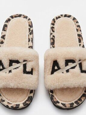 APL Women’s Shearling Slides Sandals parchment black/leopard Size 7 NIB